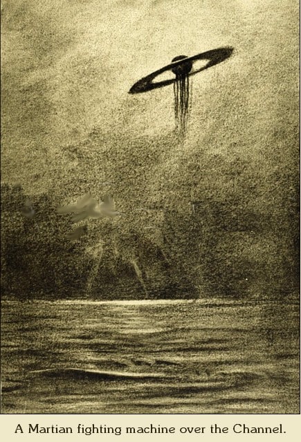 A monochrome illustration: a tall tripod machine with a hooded body strides above rooftops and smoke, its legs disappearing into haze at the base of the image.