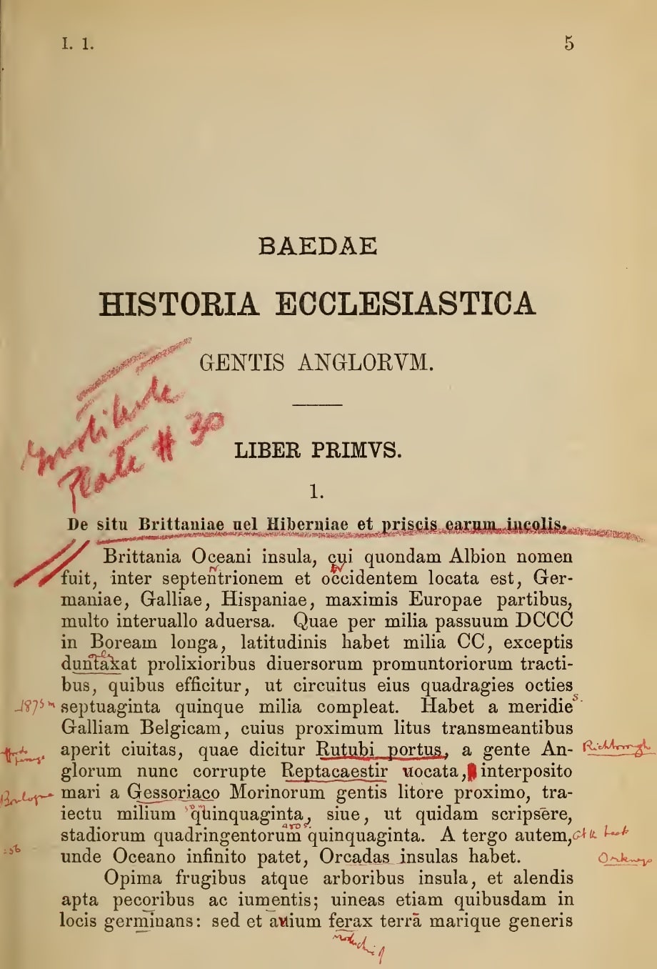 A page of Latin prose in a small even type, headed by the author, title and book number. A reader has written across and beside the text in red ink - an underline, a marginal note in the left margin, and a short annotation in the outer margin.