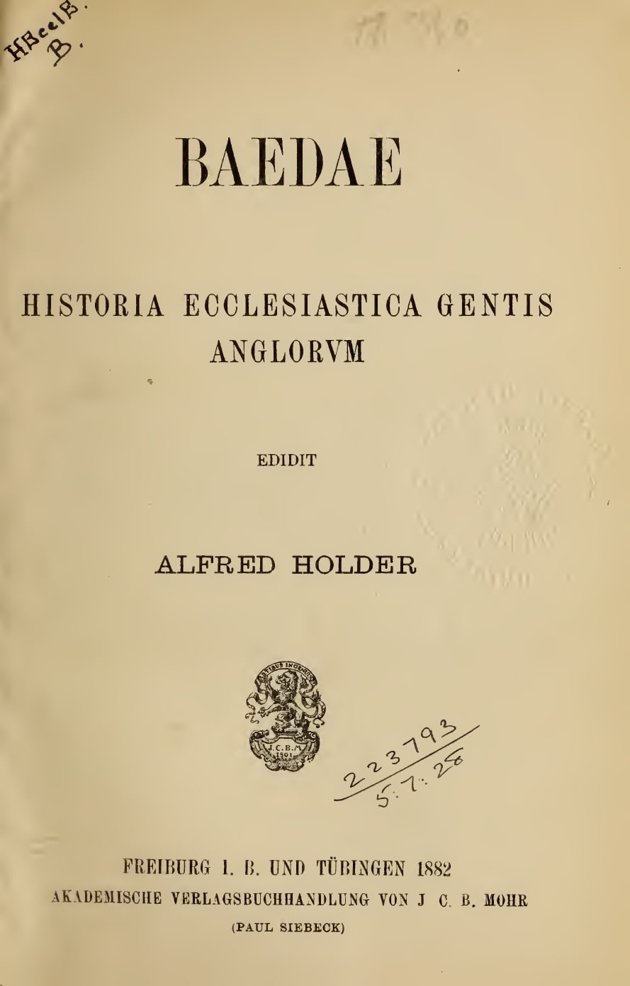 A German academic title page on toned paper. The author's name is set very large in spaced capitals, the title beneath it in two lines of smaller capitals, then the editor's name, a small printer's ornament, and the Freiburg and Tübingen imprint with the date. Shelfmarks are written in ink in two corners.