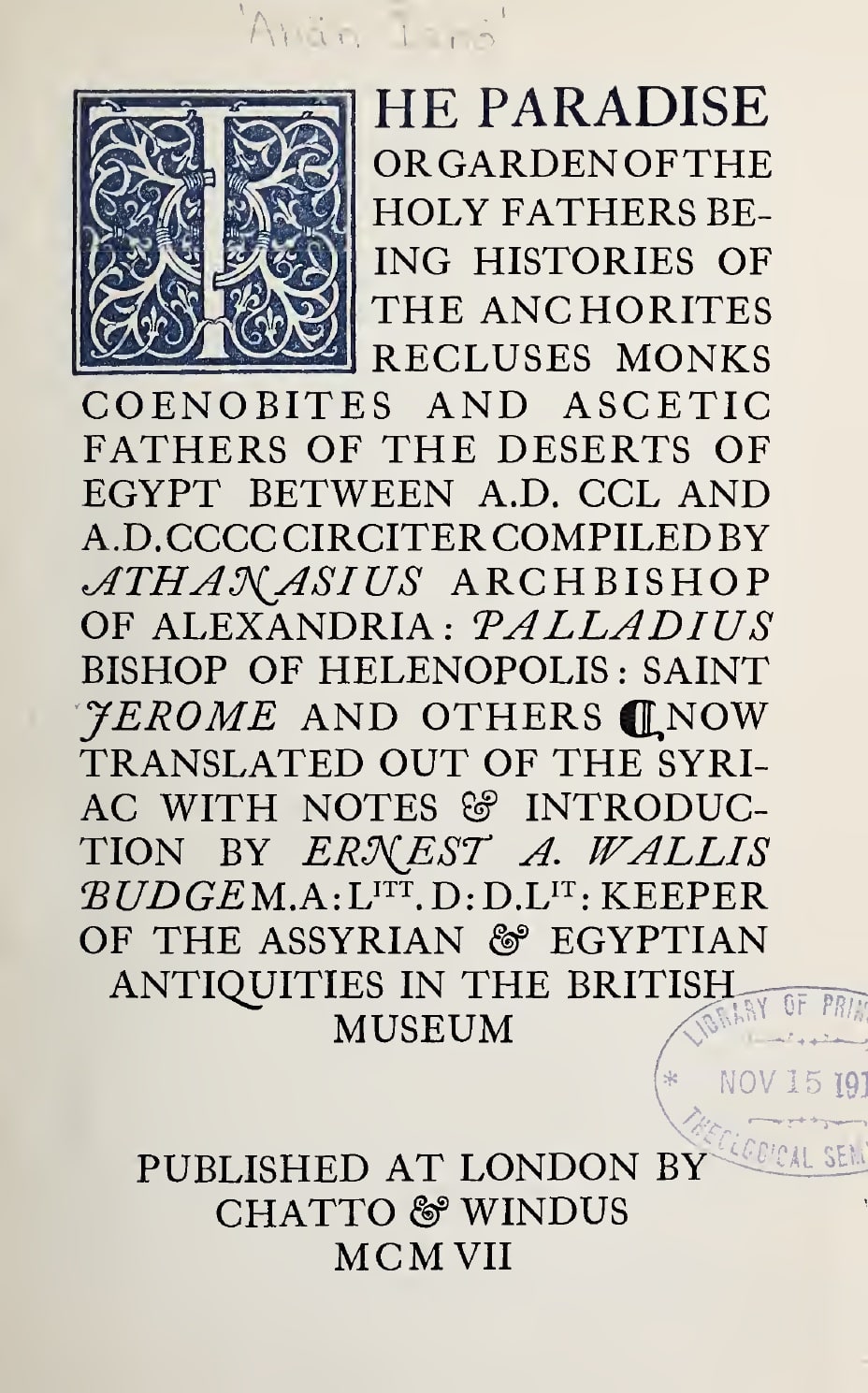 A title page set as a single justified block of small capitals in the manner of an early printed book, opening with a large decorated initial in blue and gold. A library accession stamp is visible at the lower right.