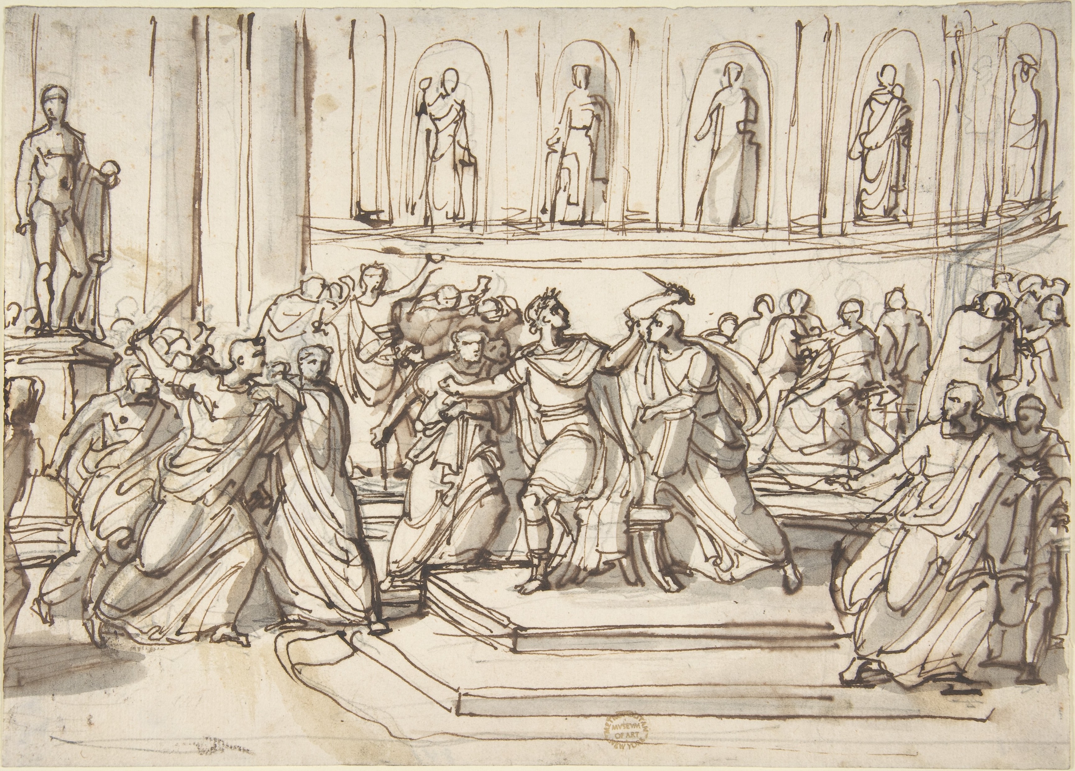 A large drawing in chalk and wash. A crowd of classically draped men surges around a figure who has fallen back against a plinth; several lunge with short blades, others turn away or raise their arms. A seated statue looms behind the group.