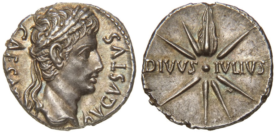Obverse and reverse of a small silver coin photographed side by side. One face shows a bare male head in profile; the other shows an eight-rayed star with a tail streaming from it, with lettering around the edge.