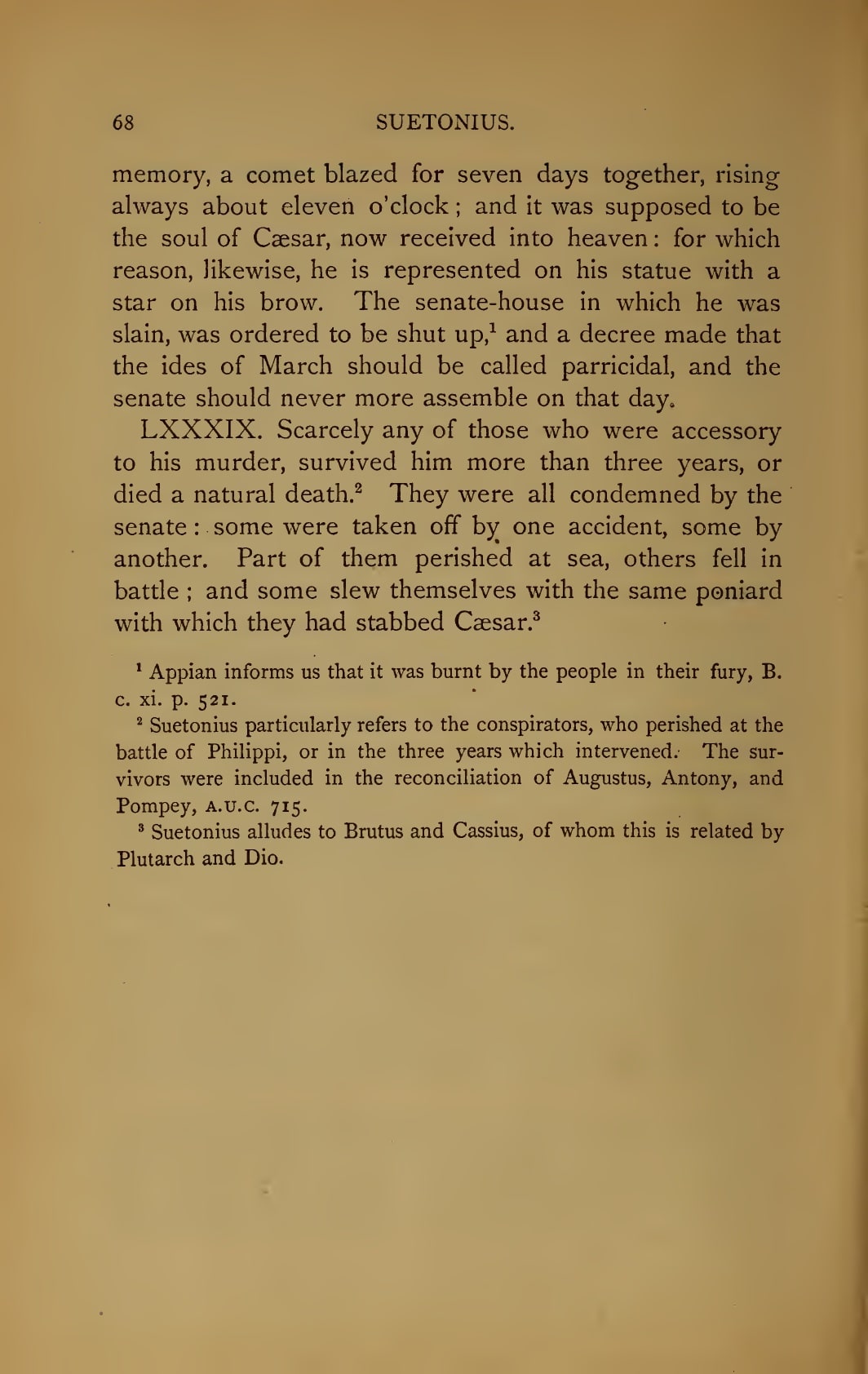 A printed page of English prose with a running head, opening mid-sentence with a description of a comet that appeared during games held in Caesar's memory, followed by a further numbered section and two footnotes.
