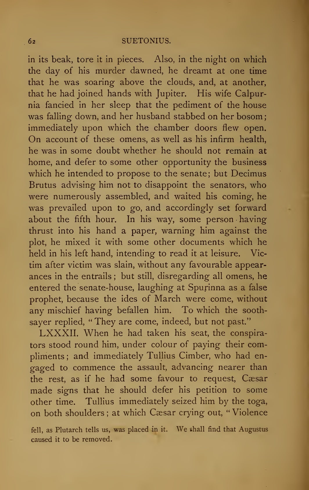 A printed page of English prose with a running head, describing a sequence of events on the night before and the morning of the murder, with a footnote at the foot of the page.