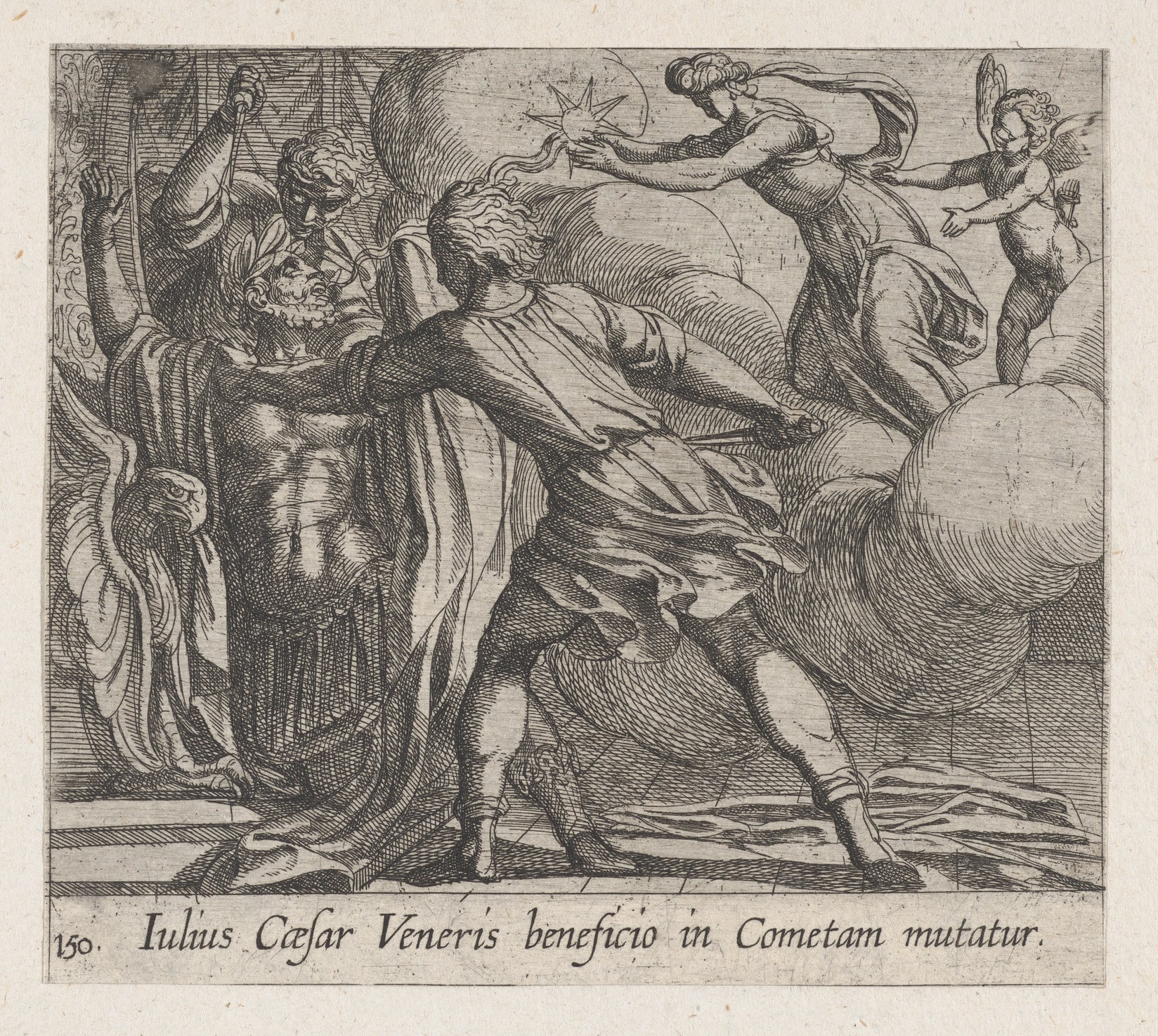 An etching in dense fine line. In the lower half, robed figures crowd around a seated man and strike at him with daggers while others recoil; in the upper part of the composition a long-tailed star burns above the rooftops, with a female figure among clouds beside it.