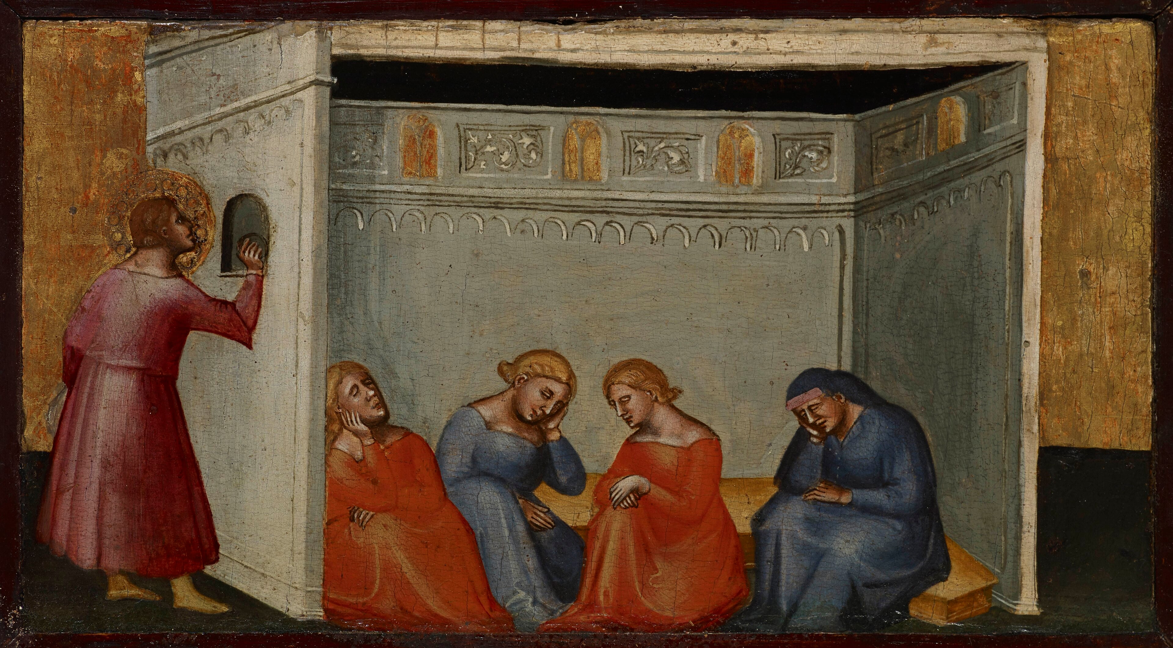 A long, narrow painted panel on a gold ground. At the left a haloed figure stands outside a building and reaches through a window opening; inside, three young women and an older seated man occupy a shallow interior. Tempera on wood, with visible craquelure.