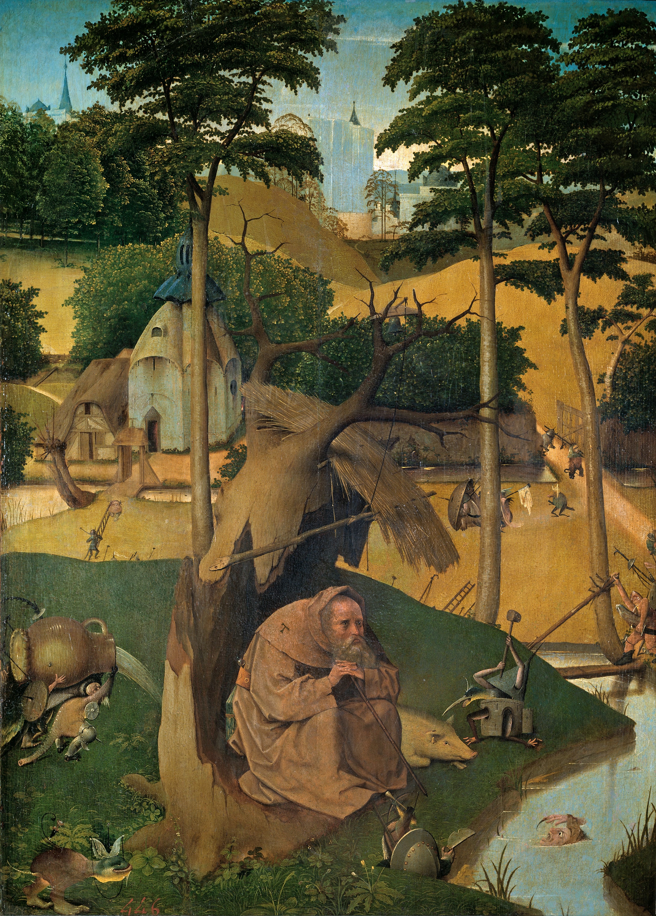 An oil painting of a wide landscape crowded with small hybrid figures - part animal, part vessel, part architecture - moving across water, ruins and burning distance, with a seated robed figure among them.