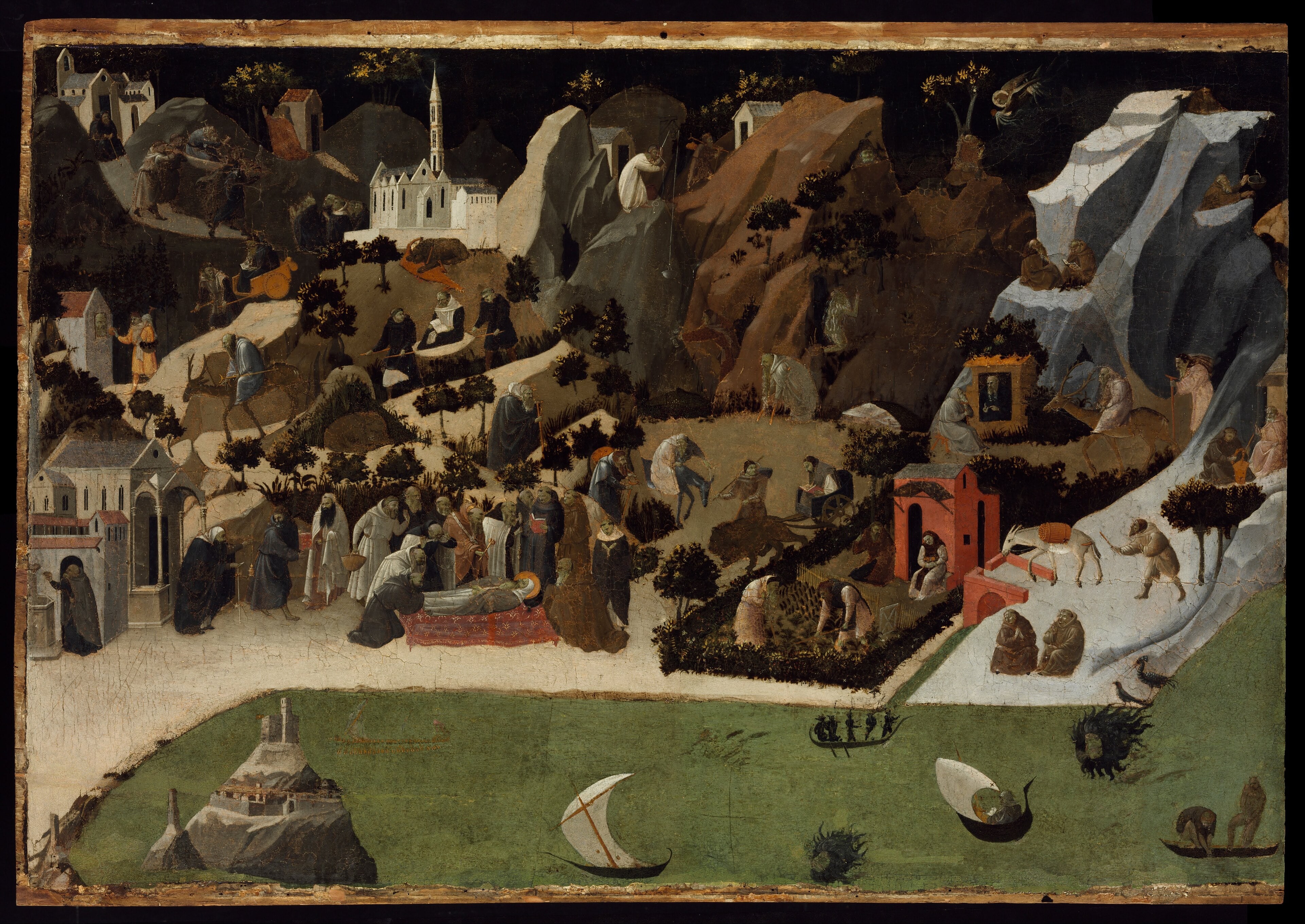 A wide panel painting: a rocky landscape divided into many small compartments, each holding one or two robed figures at a separate task - reading, walking, kneeling, tending an animal. Tempera on wood.