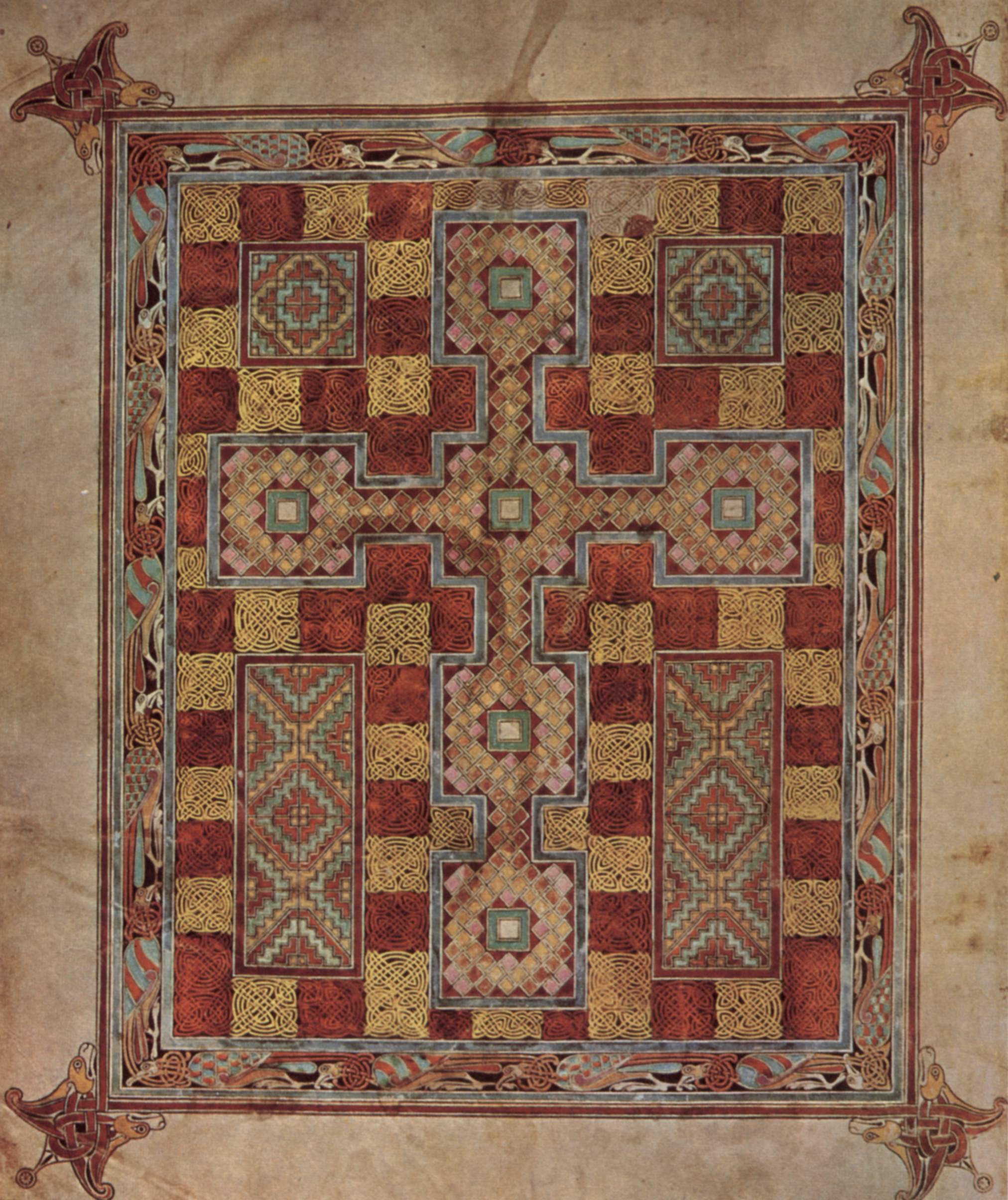 A full page of interlaced ornament: dense ribbon patterns and stylised bird forms woven into a symmetrical field around a cross shape, in ink and pigment on vellum.
