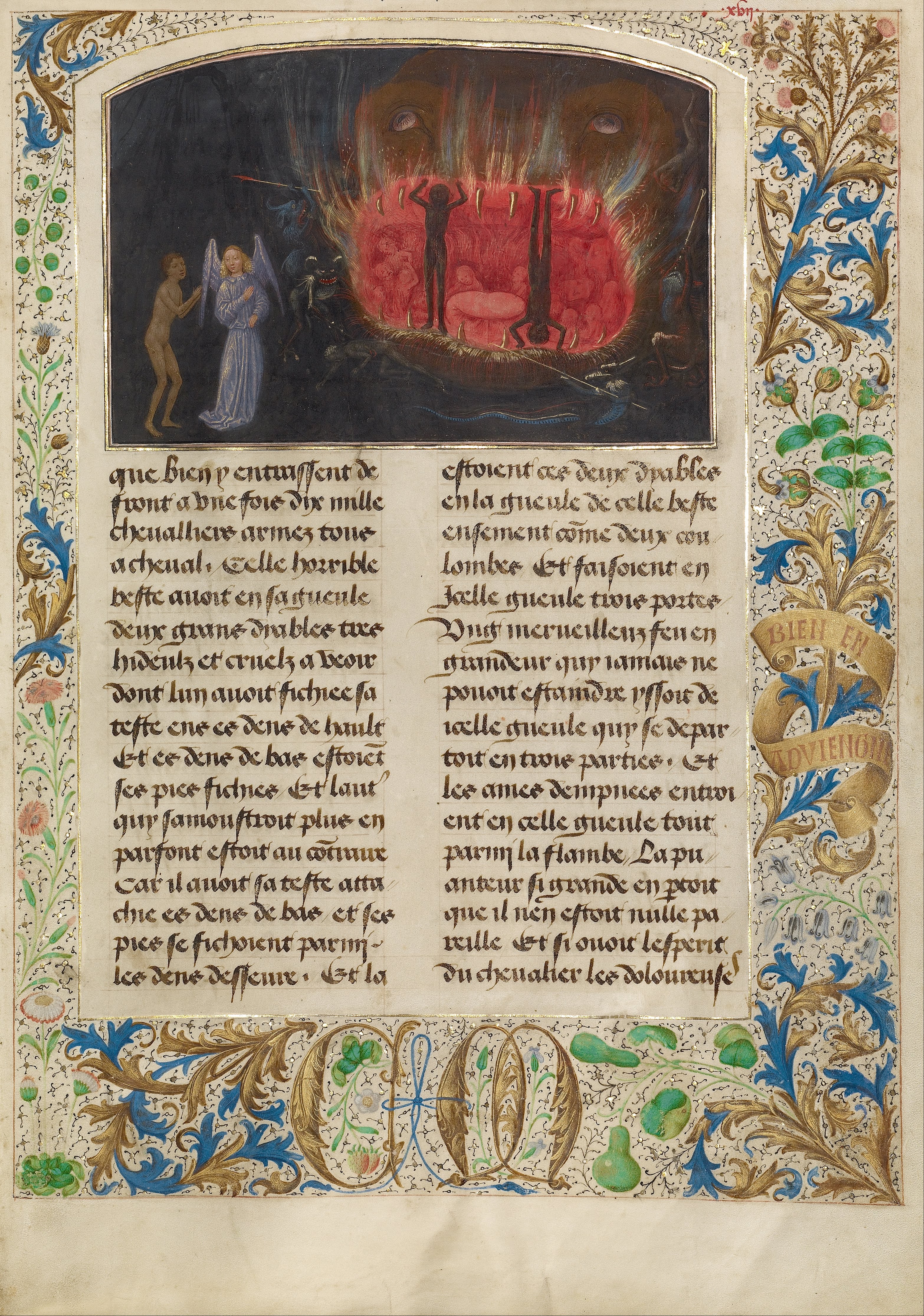 A manuscript illumination in dense colour and gold: an enormous animal head opens across the width of the page, its jaws filled with small human figures, with flames and dark rock around it and two figures approaching from the left.