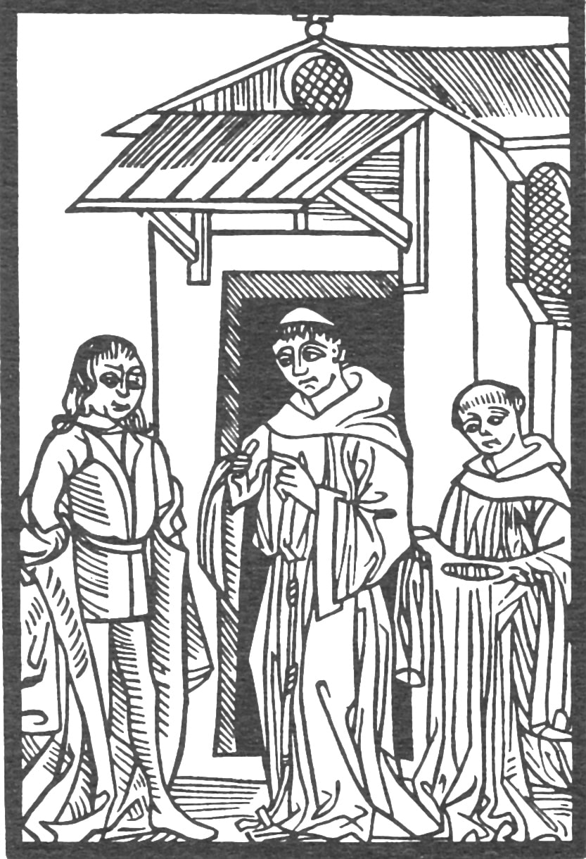 An early printed woodcut: an armoured figure kneels before a robed cleric outside a low stone entrance, with hatched shading and a decorative border.