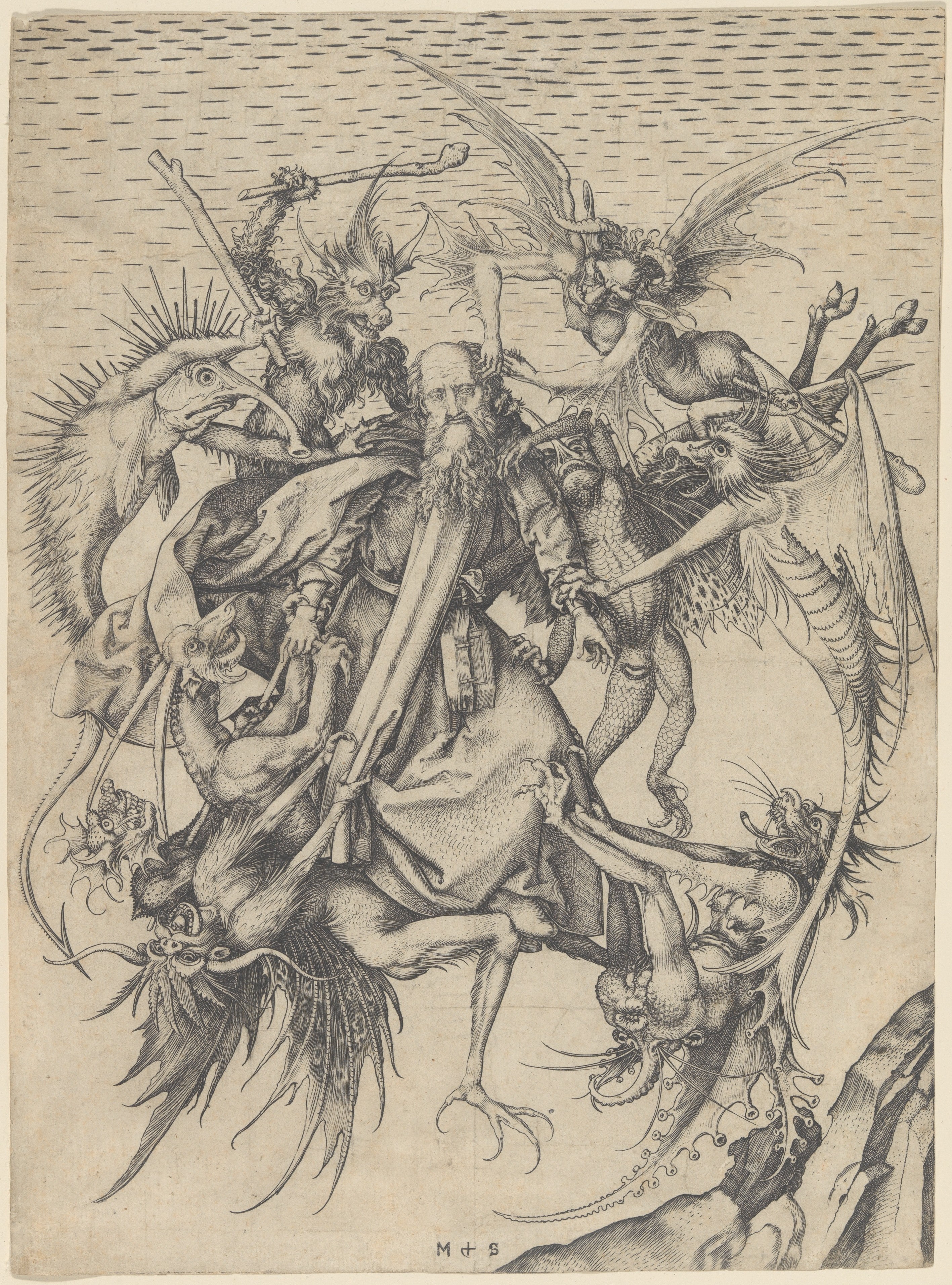 An engraving in fine hatched line. A robed, bearded figure is suspended in empty ground, gripped and pulled from every side by a ring of composite creatures with wings, beaks, scales, claws and tails. No landscape and no horizon; the group floats on blank paper.