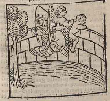 A small woodcut in heavy outline: a robed figure at a wall, with further figures beyond it, printed in black on paper with visible press impression.