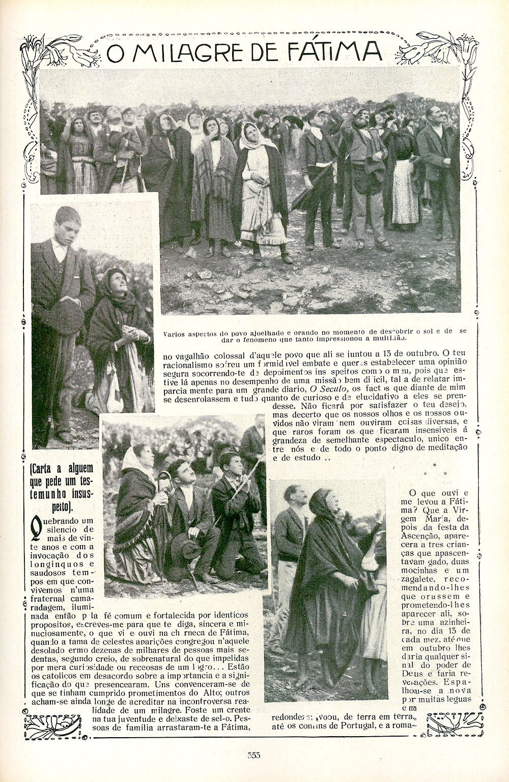A printed magazine page in Portuguese, photographed from a bound copy: a headline, columns of small type, and photographic halftones of an outdoor gathering.
