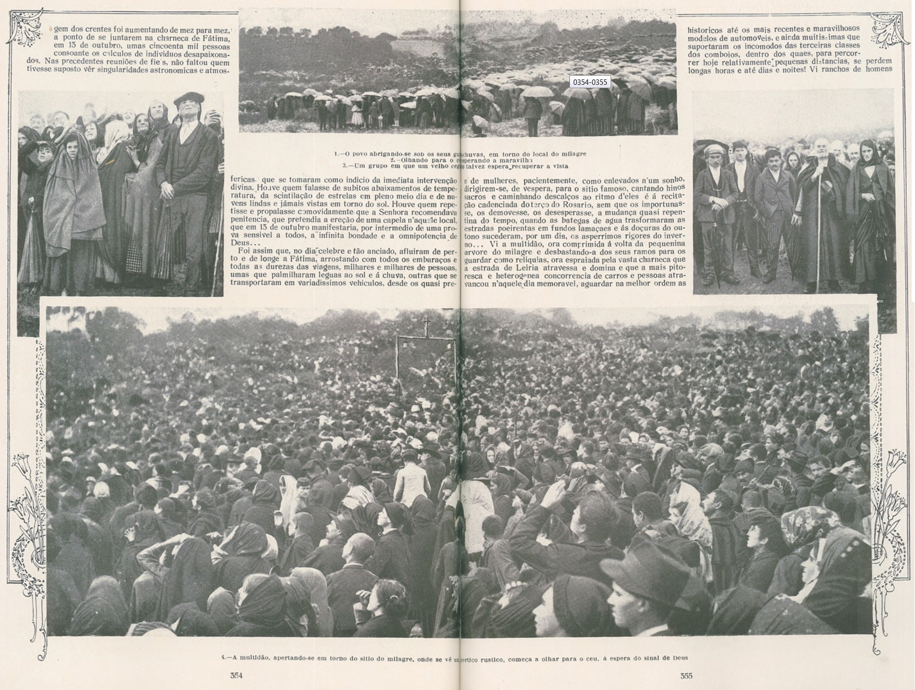 A magazine spread in Portuguese with several photographic halftones of crowds and open ground, set among columns of small type.