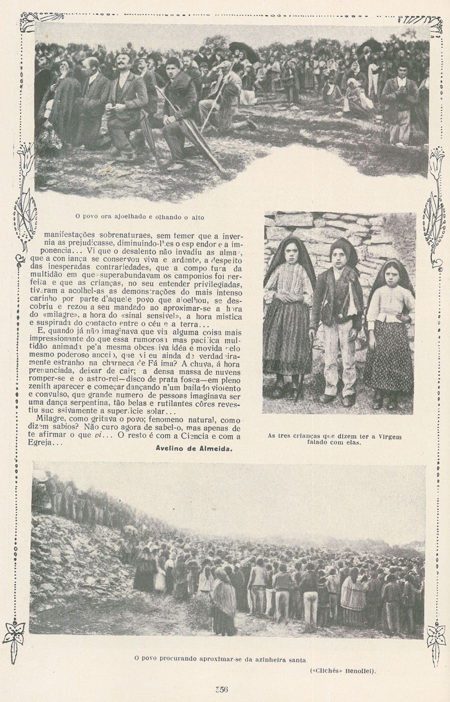 A printed magazine page in Portuguese: columns of small type beneath a photographic halftone of a crowd on open ground.