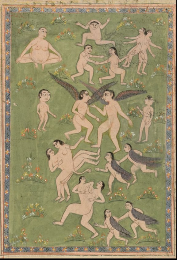 A manuscript page: two standing figures with animal and human features in coloured pigment on a plain ground, framed by ruled lines, with Arabic script above.