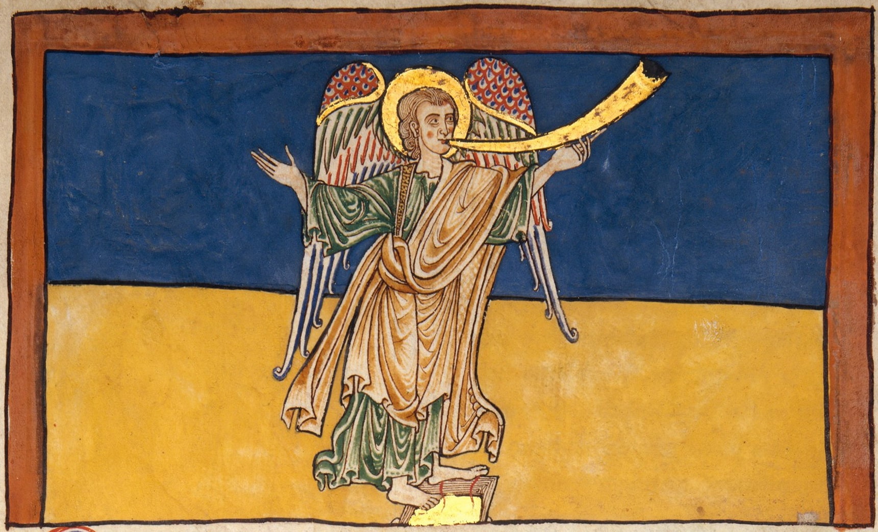A manuscript illumination in flat bands of red, ochre and blue. A large winged figure occupies most of the field, surrounded by smaller figures and lettering, with no perspective and no modelled depth.