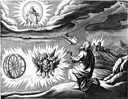 A small engraving: a kneeling figure in the foreground looks up at a cluster of winged forms and concentric wheel shapes set within radiating lines above a landscape.