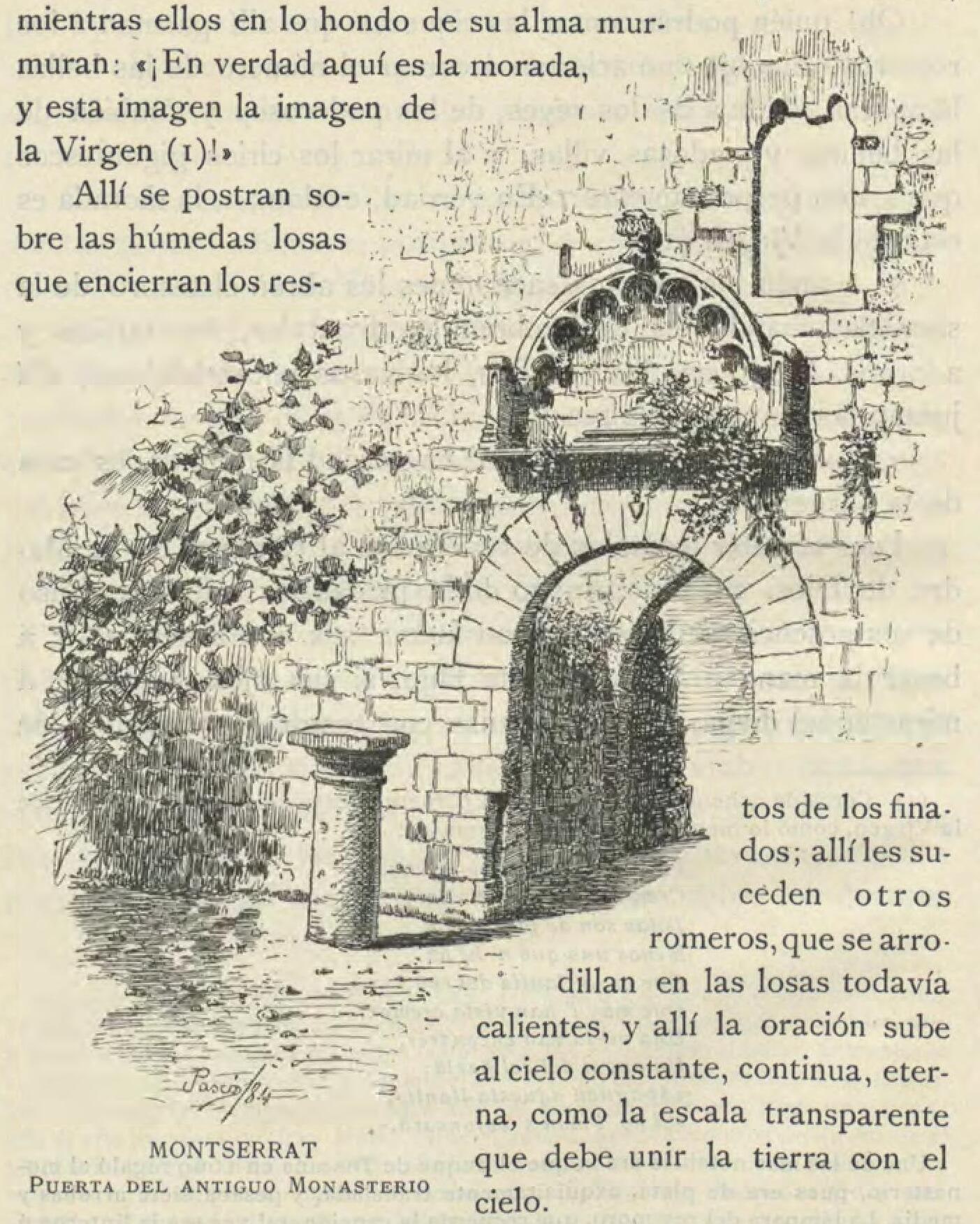 Nineteenth-century printed illustration in fine engraved line: monastery buildings on a shelf of rock, dwarfed by rounded pinnacles rising steeply behind them, with a wooded gorge in front.