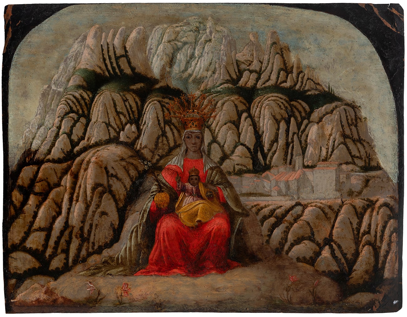 Oil painting on copper. A dark-faced seated Virgin and Child in an ornate robe stands at the centre against a serrated mountain range, framed by clouds and small attendant figures.