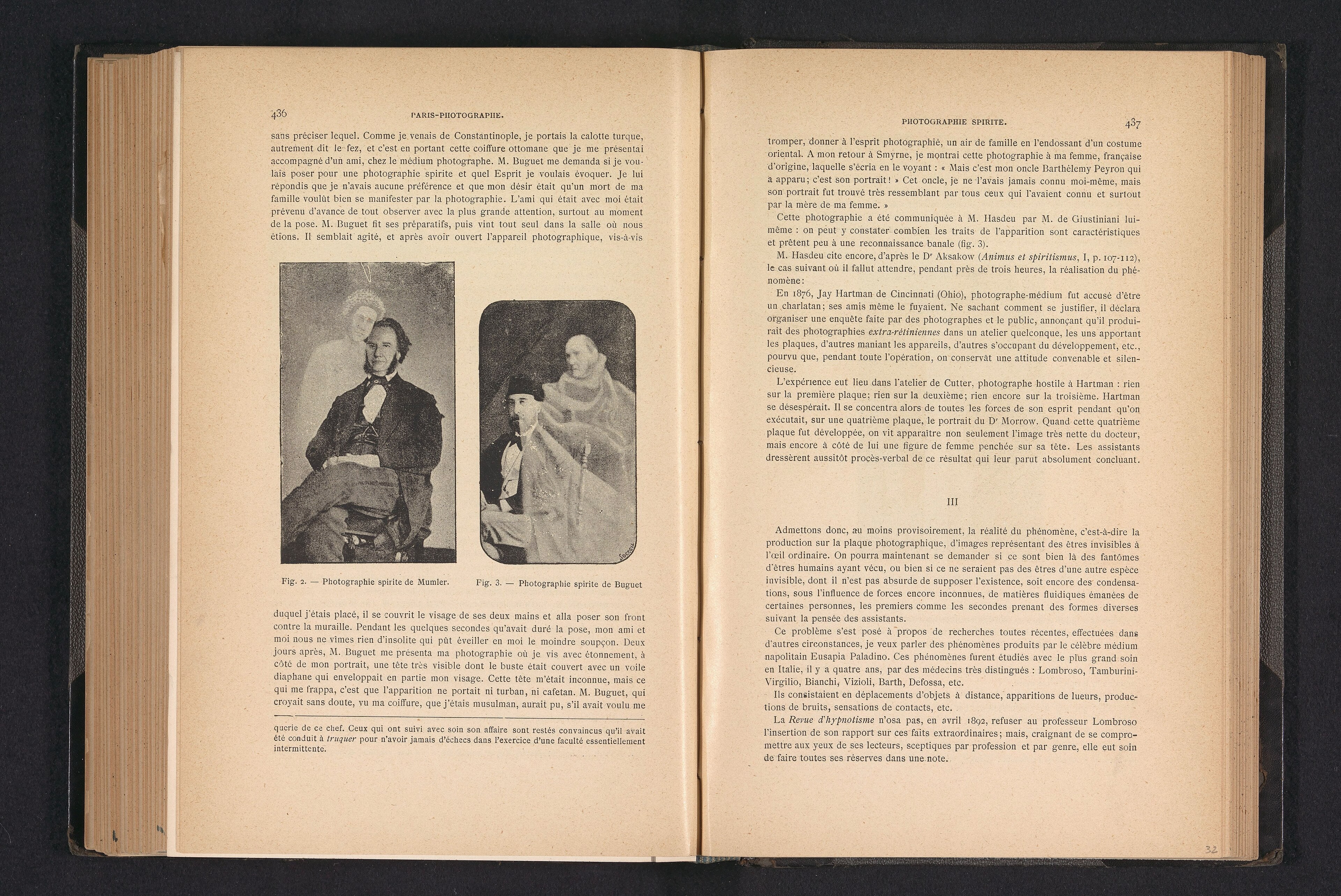 A page bearing two mounted albumen portraits. In each, a seated man is photographed conventionally while a second, translucent figure appears behind and above him, lighter in tone and softer in focus.