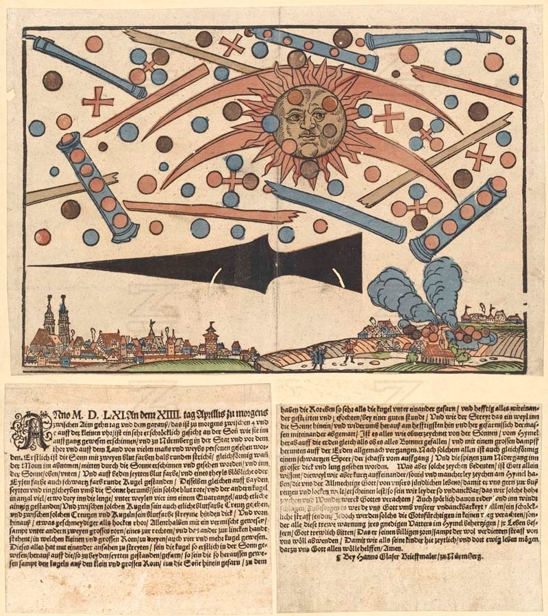 A woodcut on a single printed sheet. Above a walled city with towers and a river, the sky is filled with numerous small shapes - spheres, elongated forms, discs and crosses - arranged in overlapping groups around a large sun at the left. Below the image, dense columns of blackletter type.
